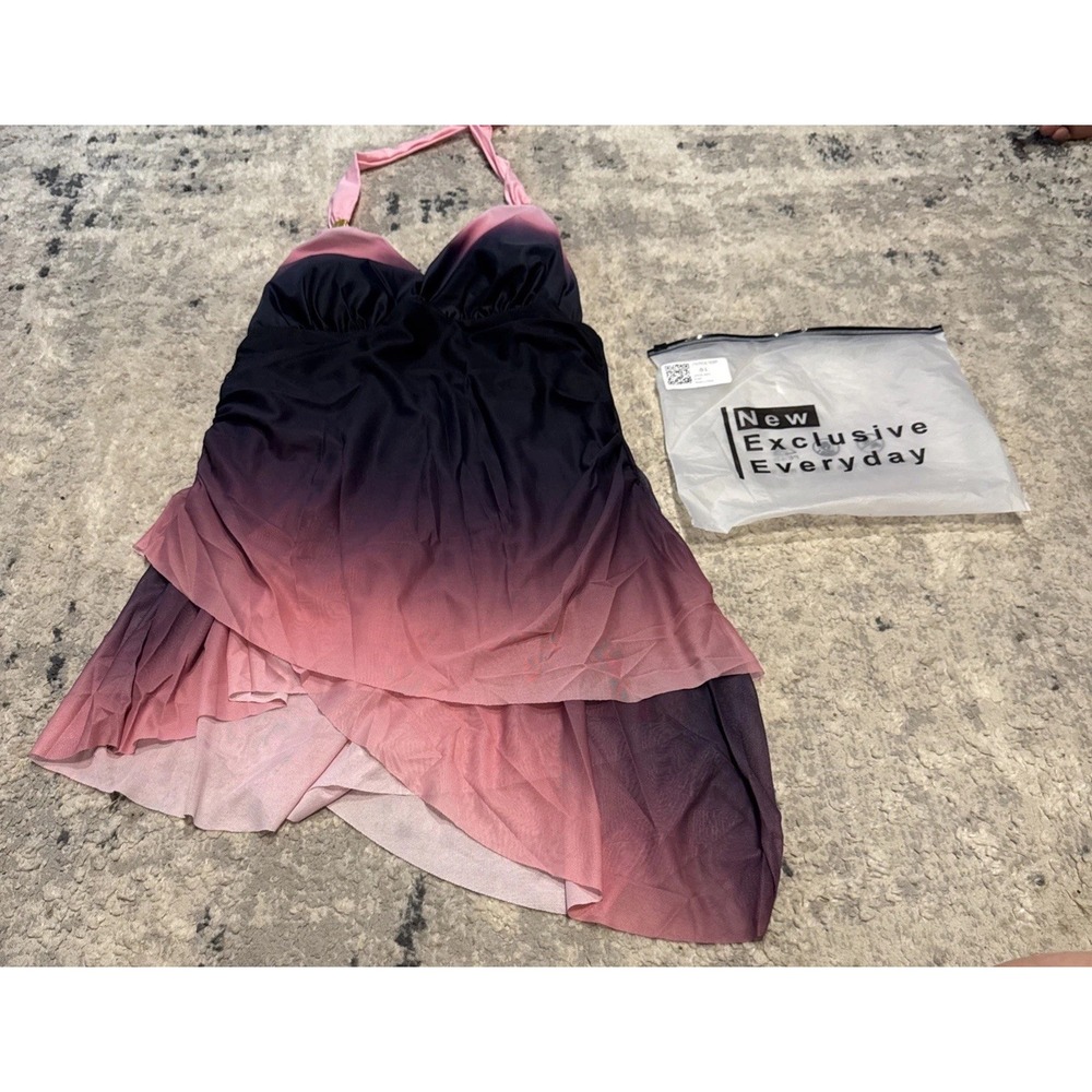 Ombre Halter Swim Tankini Top Women's Sz Large Pink Mesh Padded Asymmetric